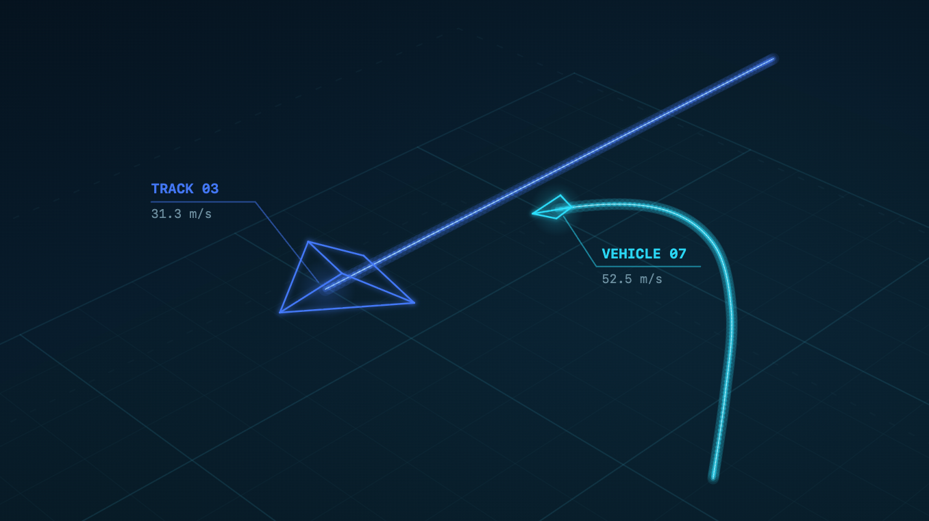 Trajectory replay showing Track 03 and Vehicle 07 with their paths and speed labels